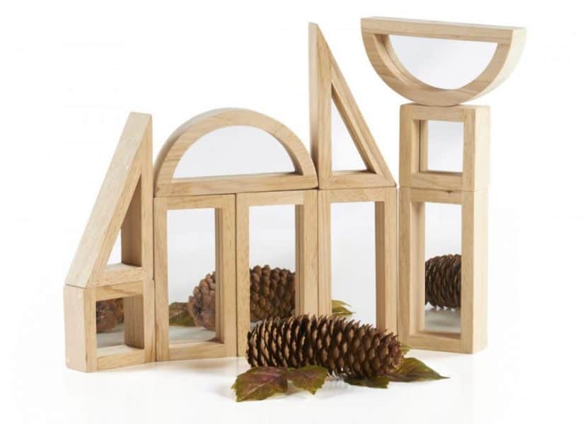 Imagination and Creativity - Wooden Play Blocks - Stack of Mirror Blocks with pine cones and leaves