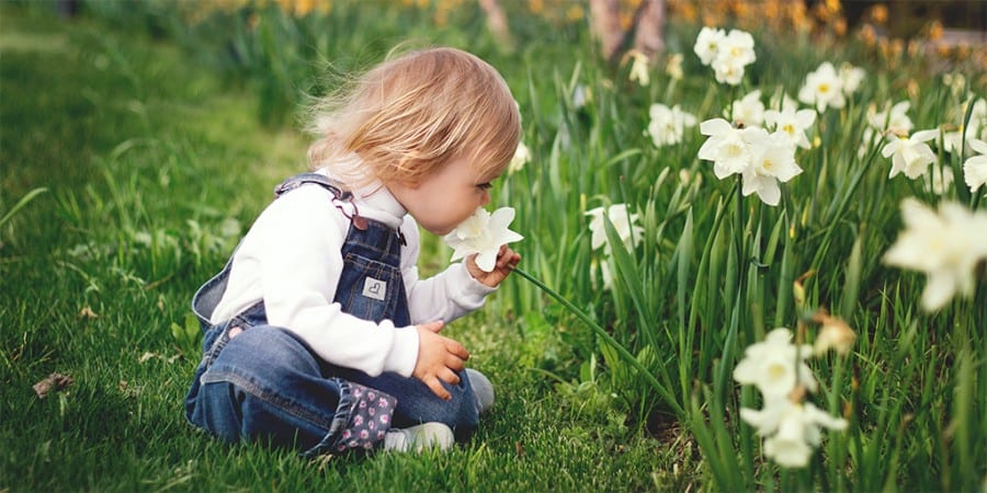 cognitive development activities for toddlers - exploratory play- outside activities-toddler girl outside smelling the flowers