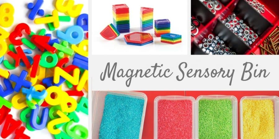 playing with magnets-magnetic sensory bin supplies-magnetic tiles-magnetic letters-bins of colored dried rice-nuts-bolts