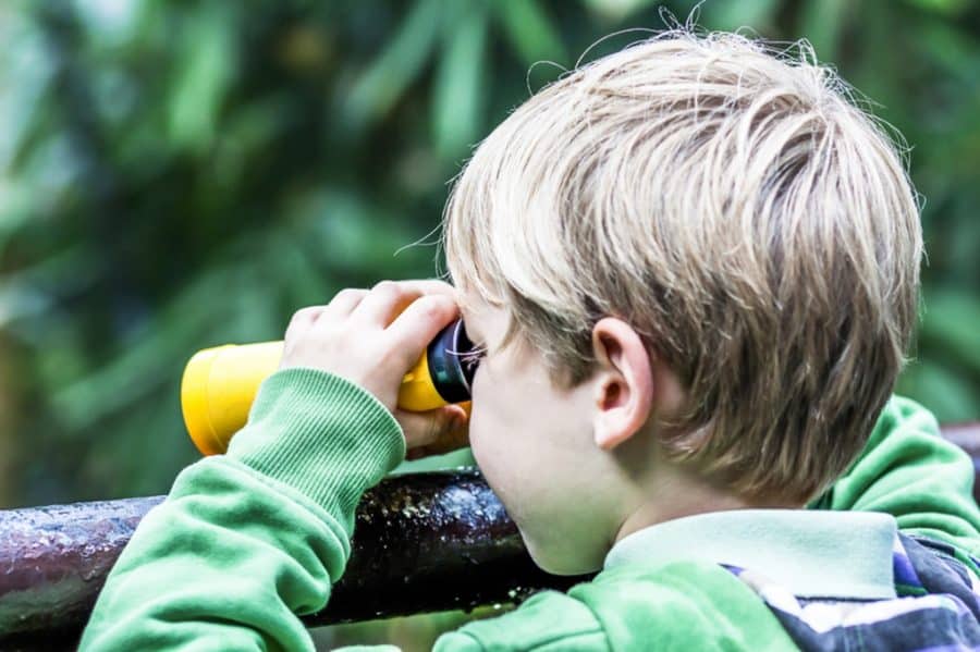 cognitive development in preschoolers-outside activities for kids-young boy looking through binoculars outdoors