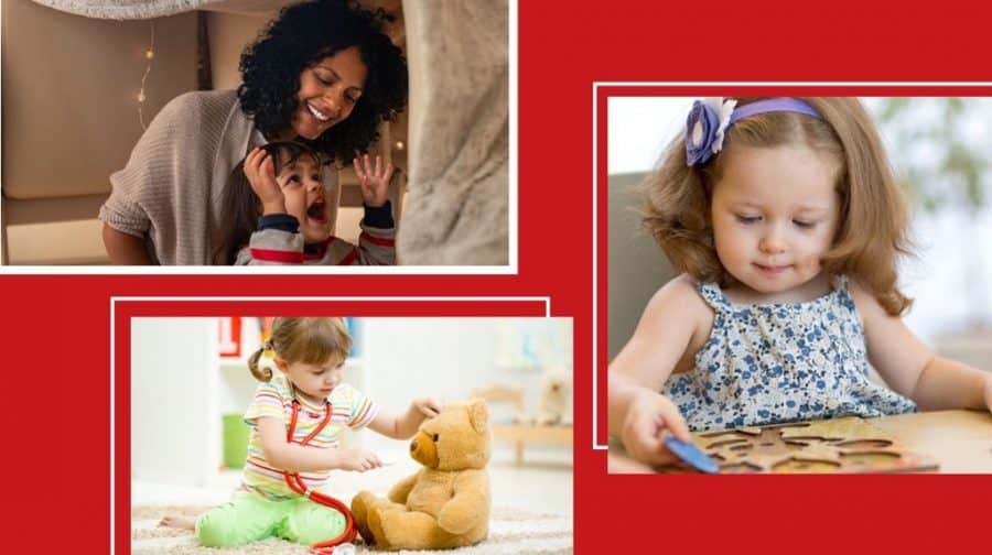 indoor activities for toddlers- collage of images of toddlers enjoying a puzzle, pretend play and a blanket fort.