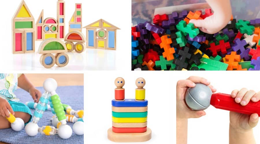 5 types of building sets for toddlers including tegu toys, magnetic blocks, smartmax magnetic, wooden building blocks and blocks for toddlers.