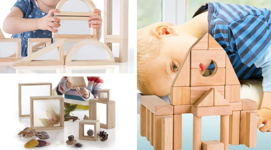toddlers playing with wooden stem toys including wooden unit blocks, wooden square magnification blocks and wooden mirror unit blocks.